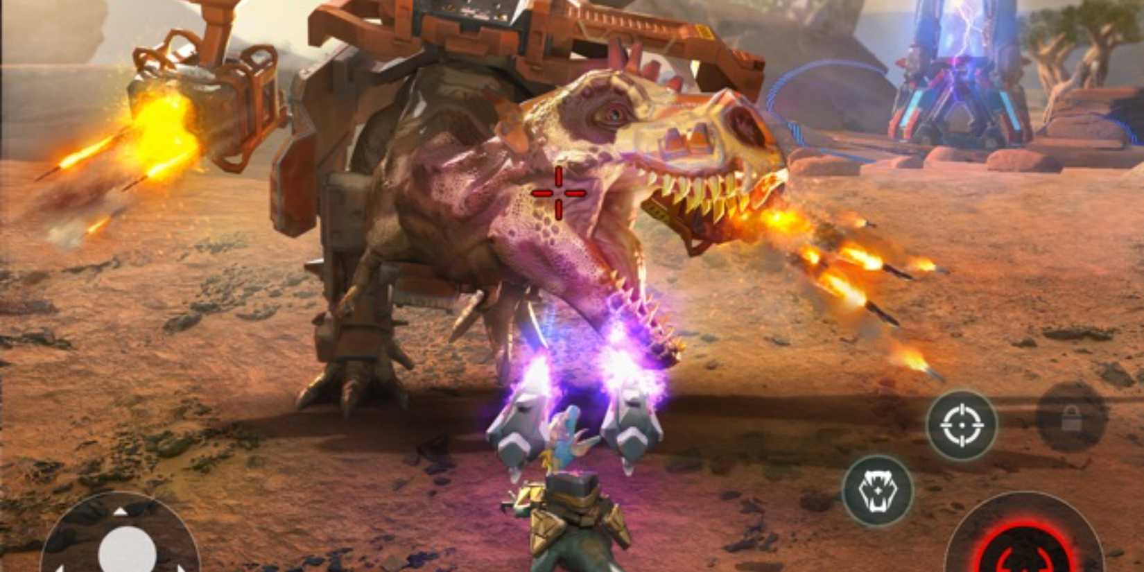 A velociraptor battling a giant T-Rex in Dino Squad Online Action
