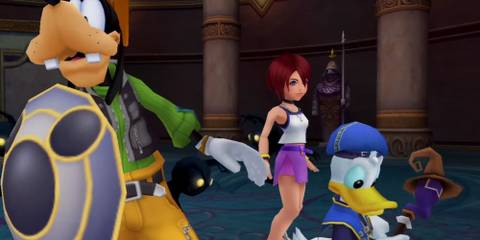 Donald and Goofy protect Kairi from the Heartless.
