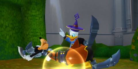 Donald uses his magic to wake up Goofy.