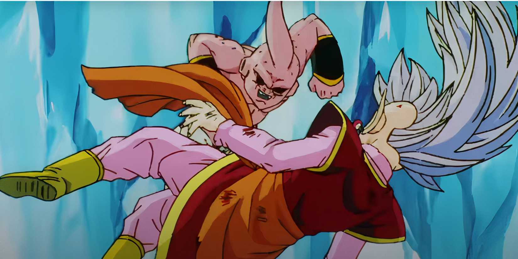 Kid Buu fighting a Supreme Kai in a centuries old flashback in Dragon Ball Z