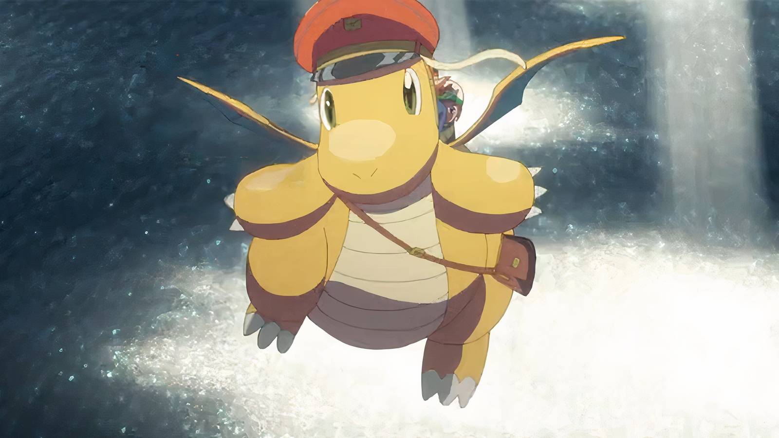Dragonite soars over a sun-soaked body of water in Dragonite and the Postman.