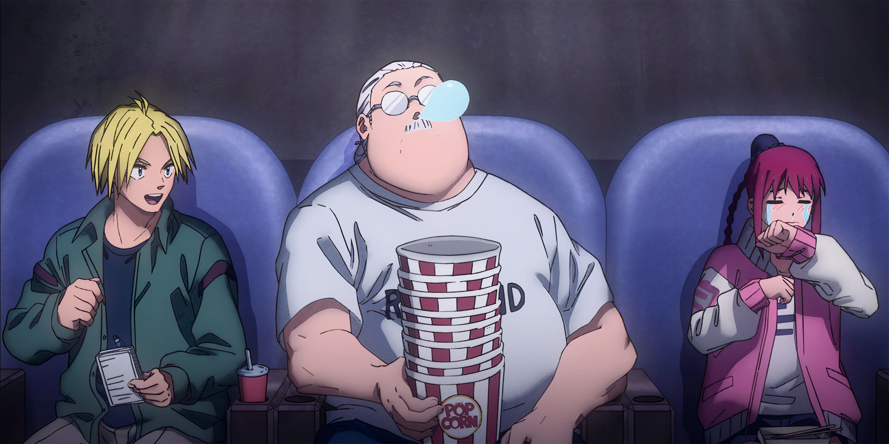 Shin, Taro, and Lu watch a film at a secret movie theatre in Sakamoto Days. Taro sleeps holding eight empty popcorn buckets.