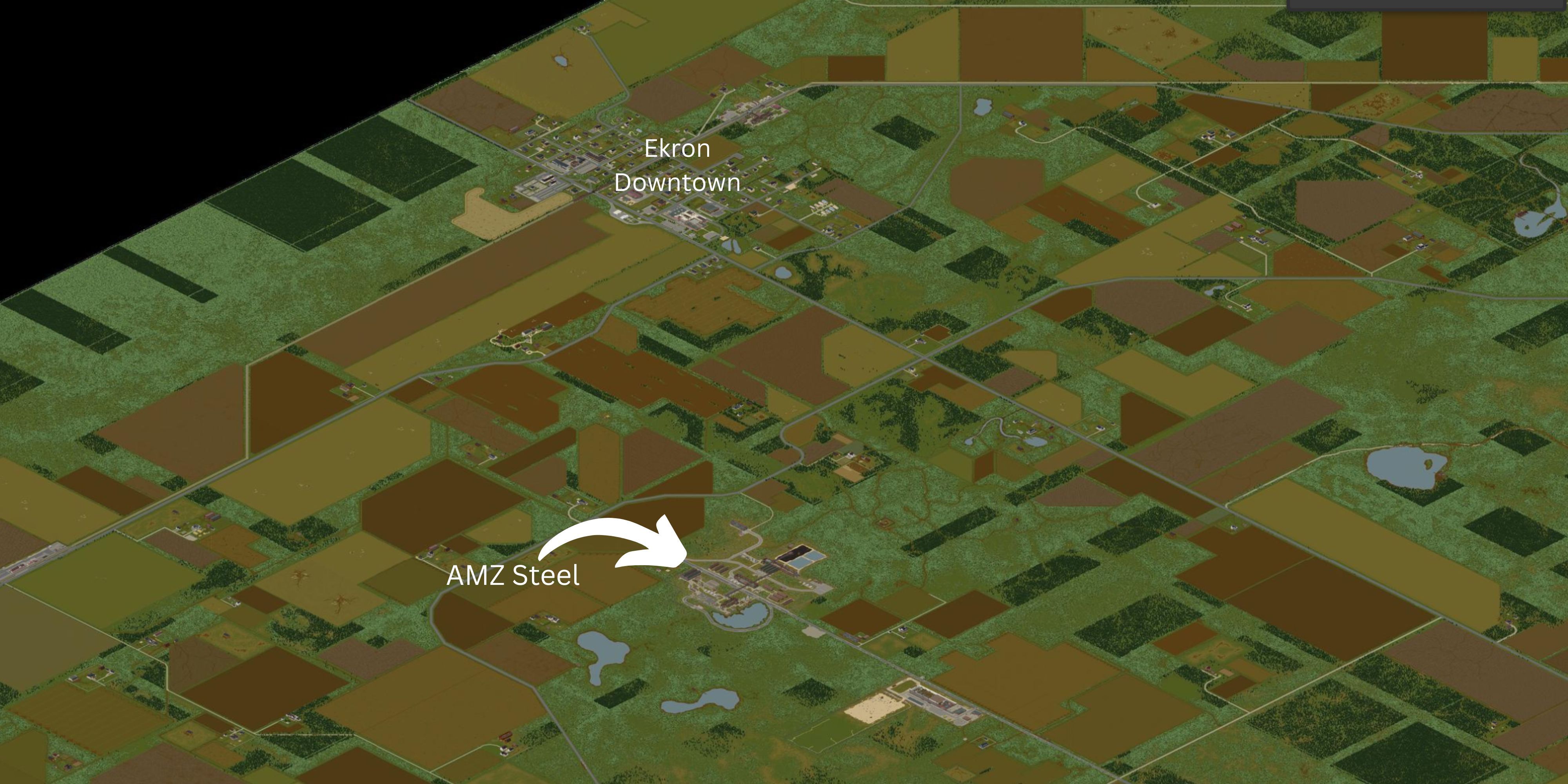 a map showing the location of AMZ Steel marked with an arrow, in comparison to downtown Ekron