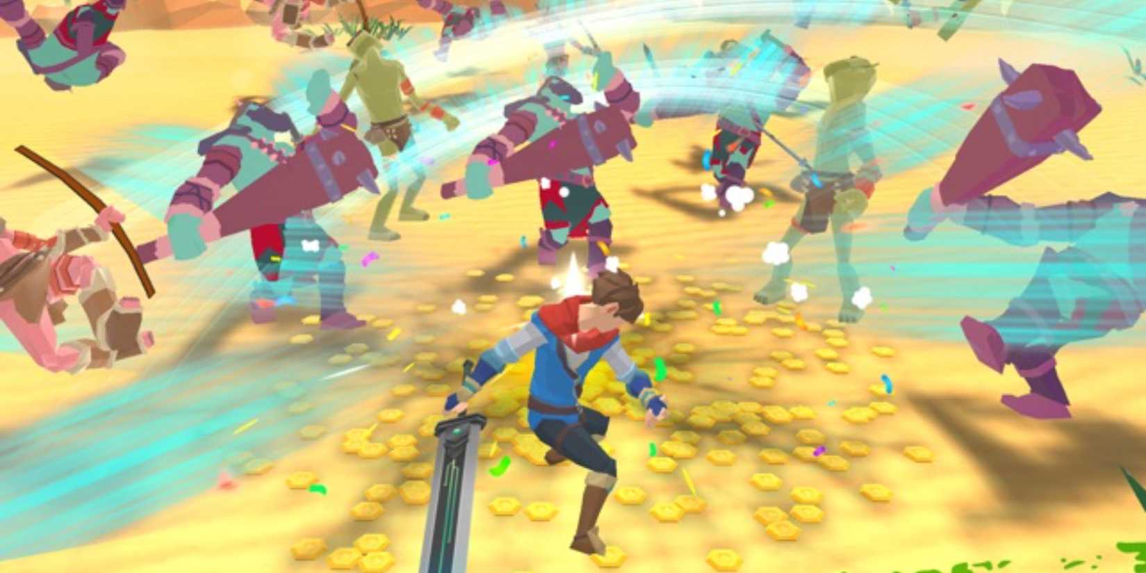 A great sword user slashing a group of enemies in Every Hero