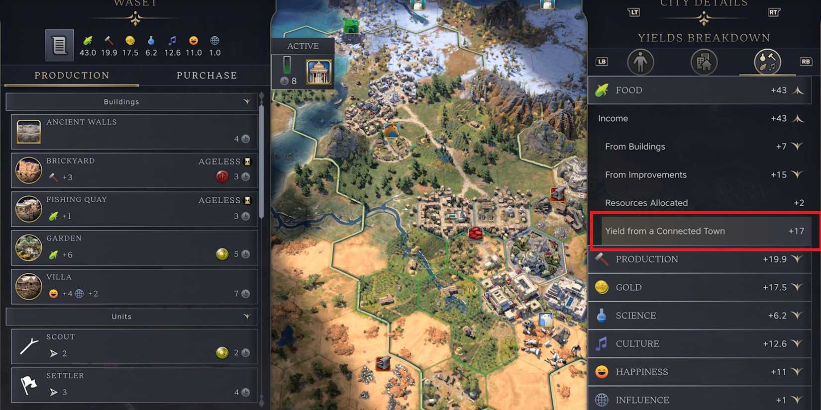 town focus yield gain civ 7