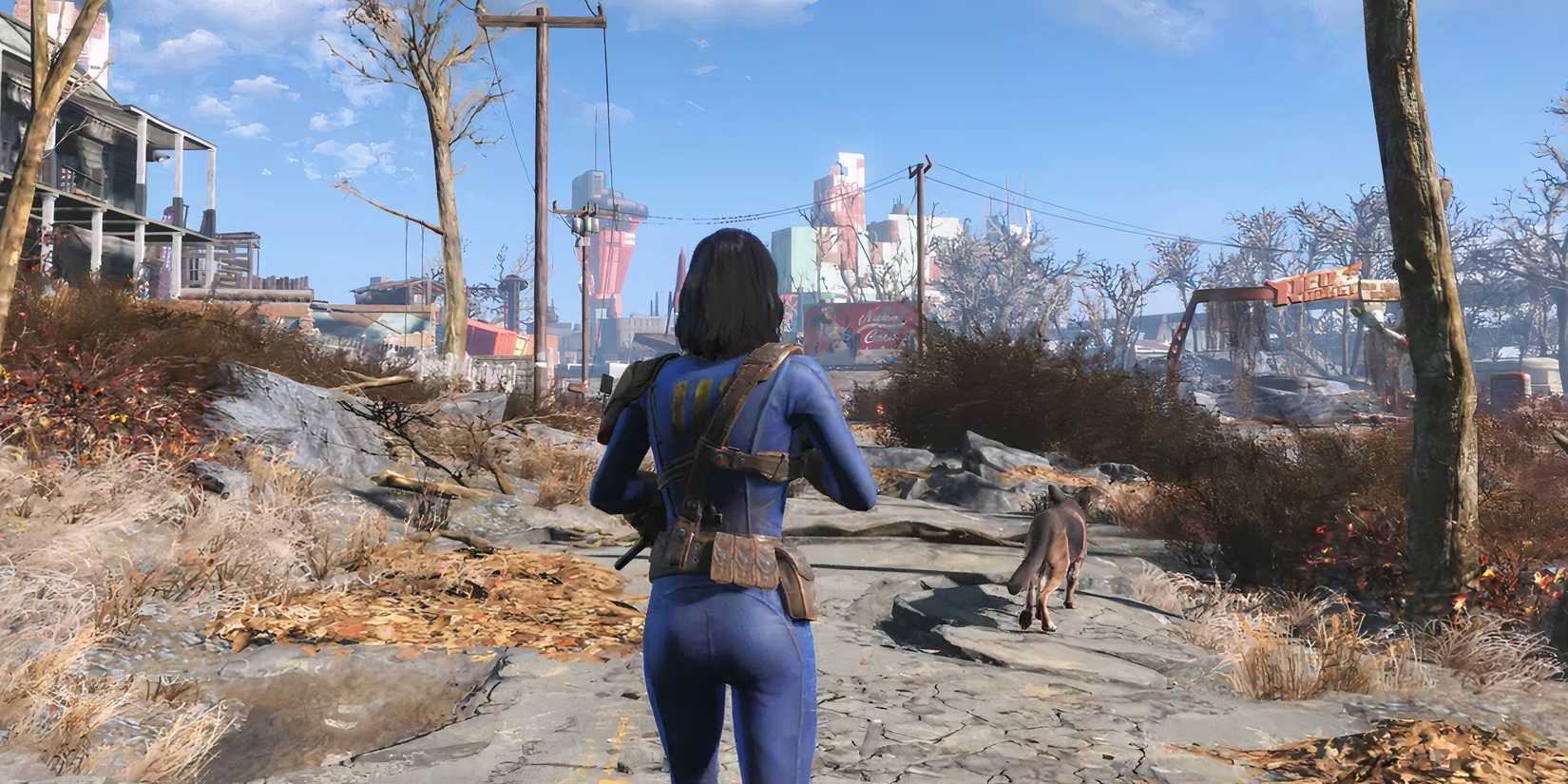 Fallout 4 Trailer Screenshot Player Character Vault Dweller Travelling with Dogmeat Companion