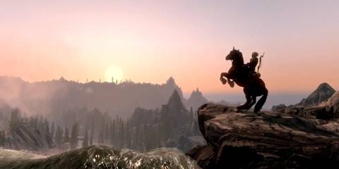 Horse rearing with rider on it next to beautiful sunrise in Skyrim
