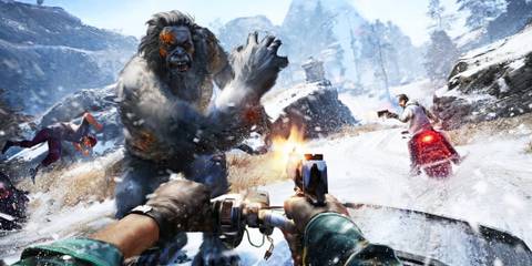 Ajay shooting at a yeti from a snow mobile