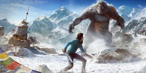 Ajay Ghale holding a Machete in hand with a huge yeti behind him