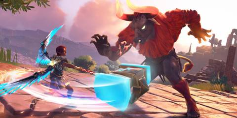 Fenyx fighting a Minotaur in Immortals Fenyx Rising