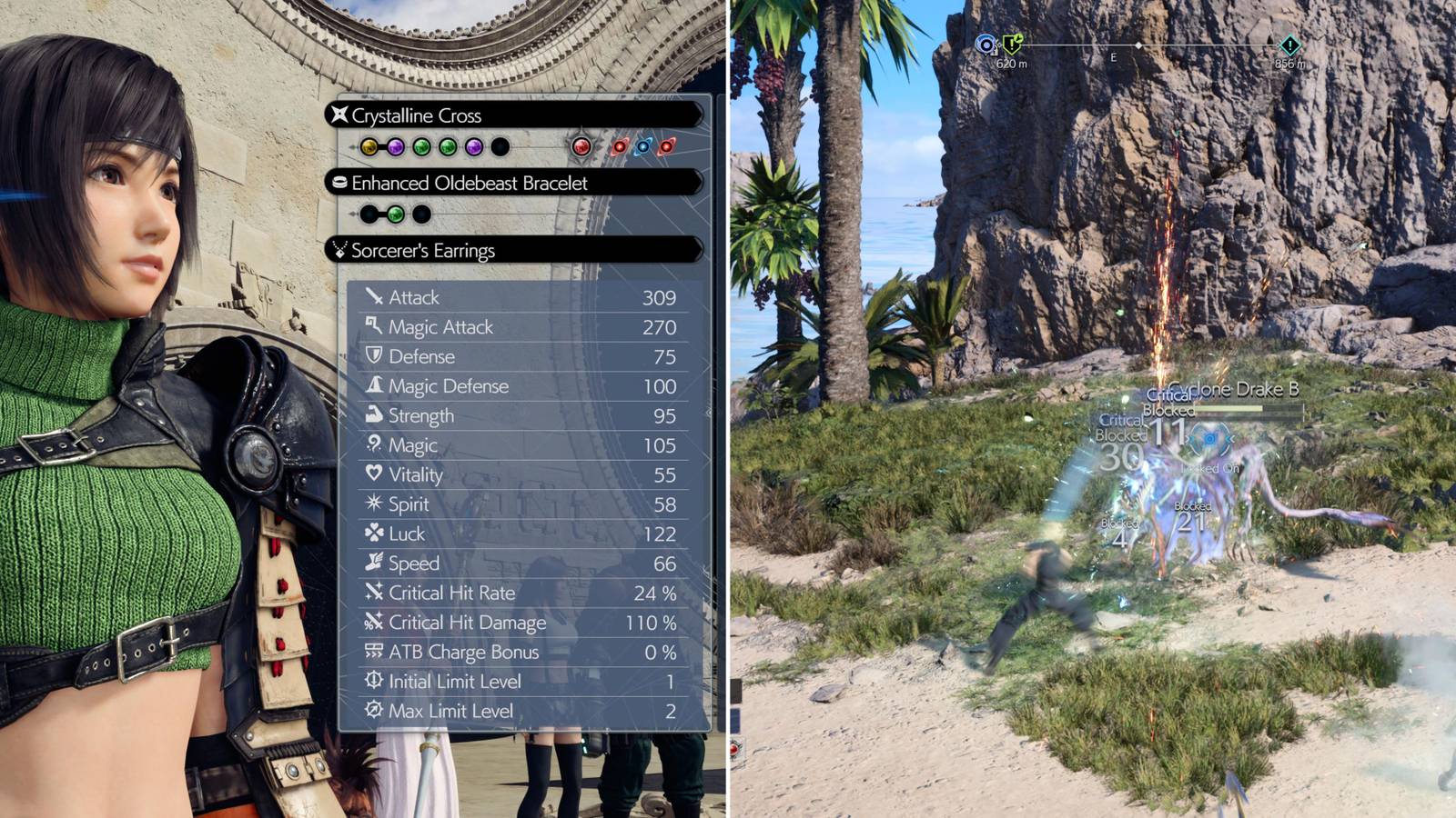 Yuffie In The Stats Menu & Cloud Landing Critical Hits In Combat