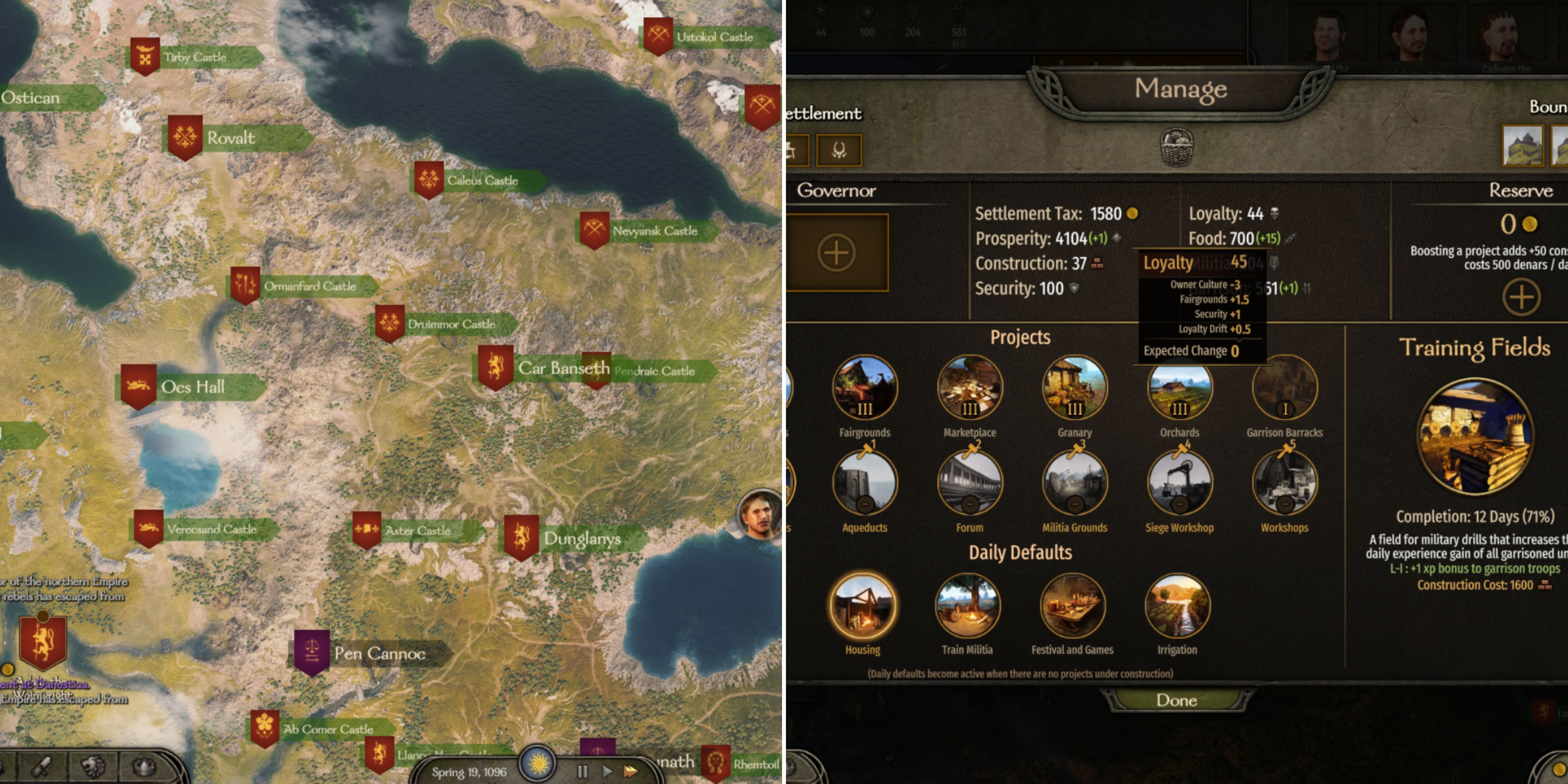 The Player's Kingdom's Fiefs On The Map & The Loyalty Stat In The Menu 