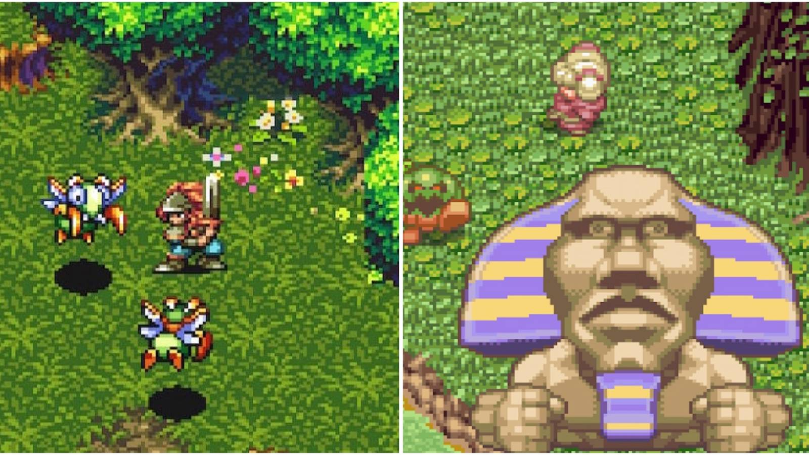 Fighting enemies in Trials of Mana and Exploring a dungeon in Community Pom