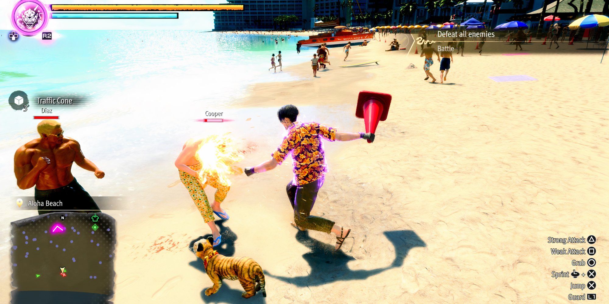 Fighting enemies on the beach in Like a Dragon Pirate Yakuza in Hawaii