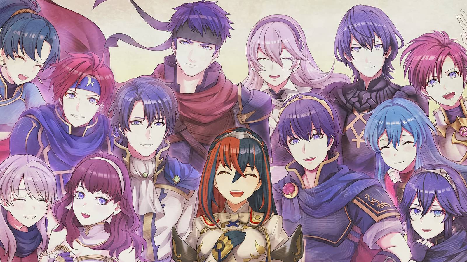 An image from Fire Emblem Engage showing protagonist Alear and the 12 Emblems.
