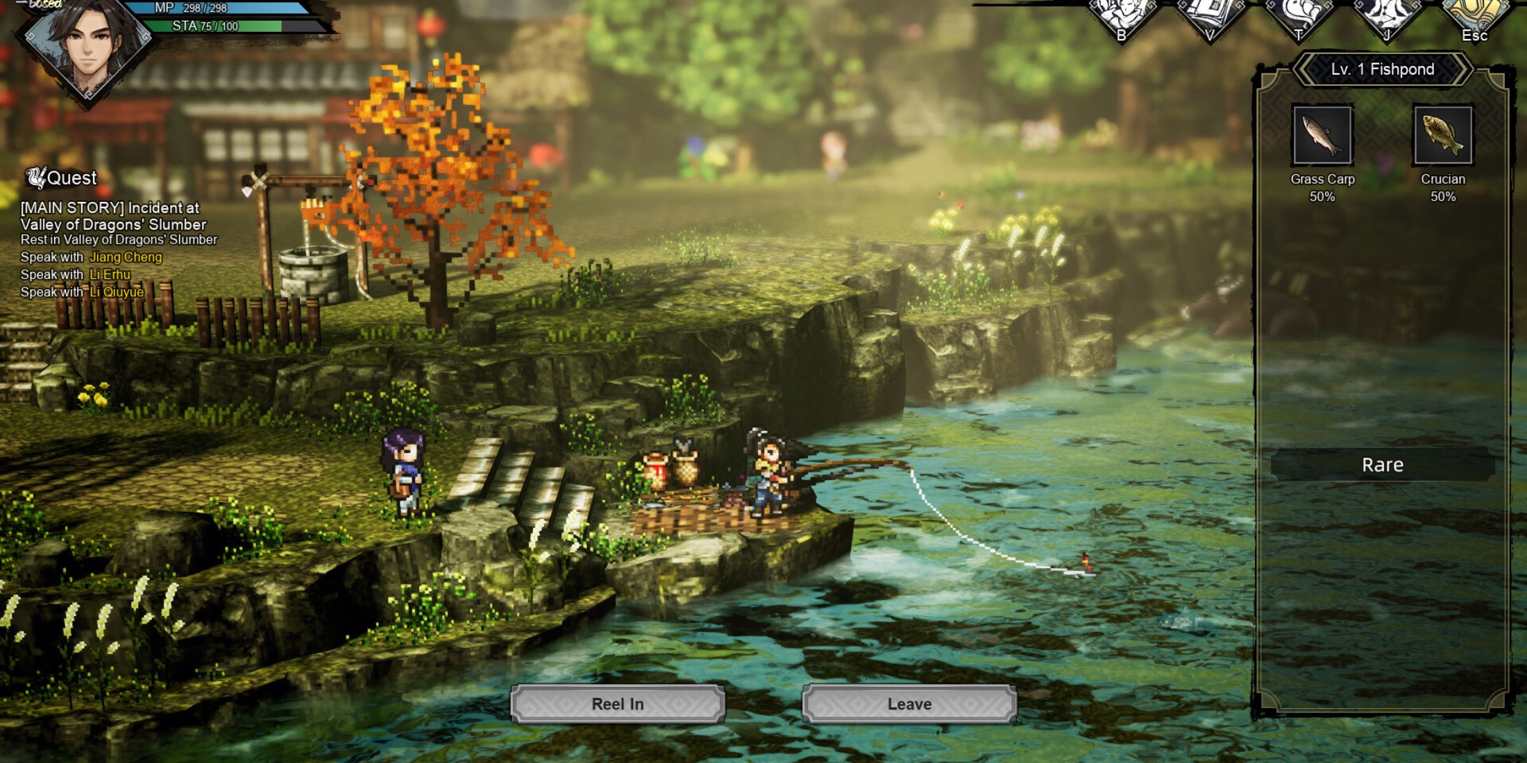 Fishing in Wandering Sword, one of the best HD-2D JRPGs ever made, showcasing a peaceful riverside scene