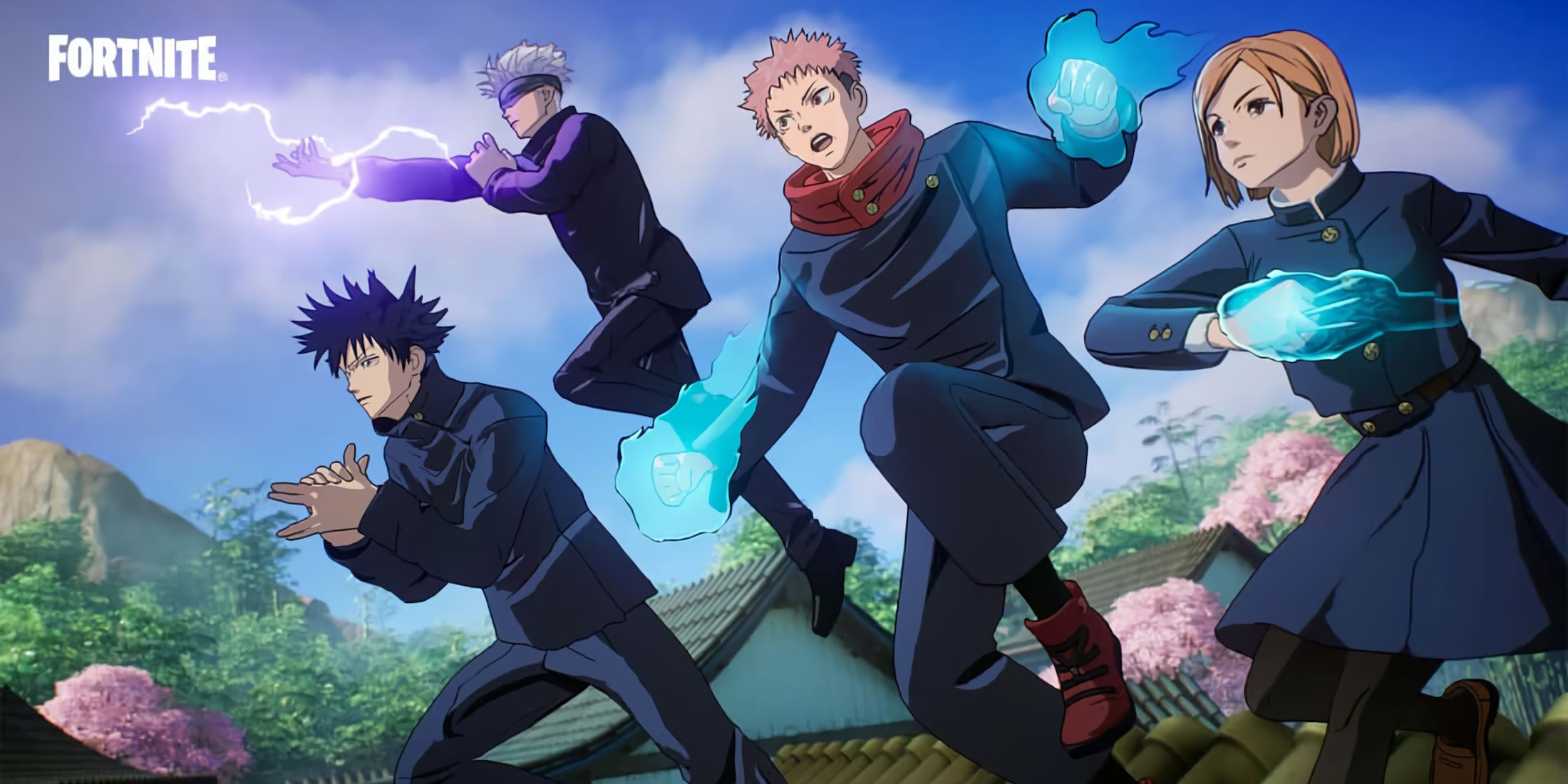 A promotional visual for Fortnite's first wave of Jujutsu Kaisen skins