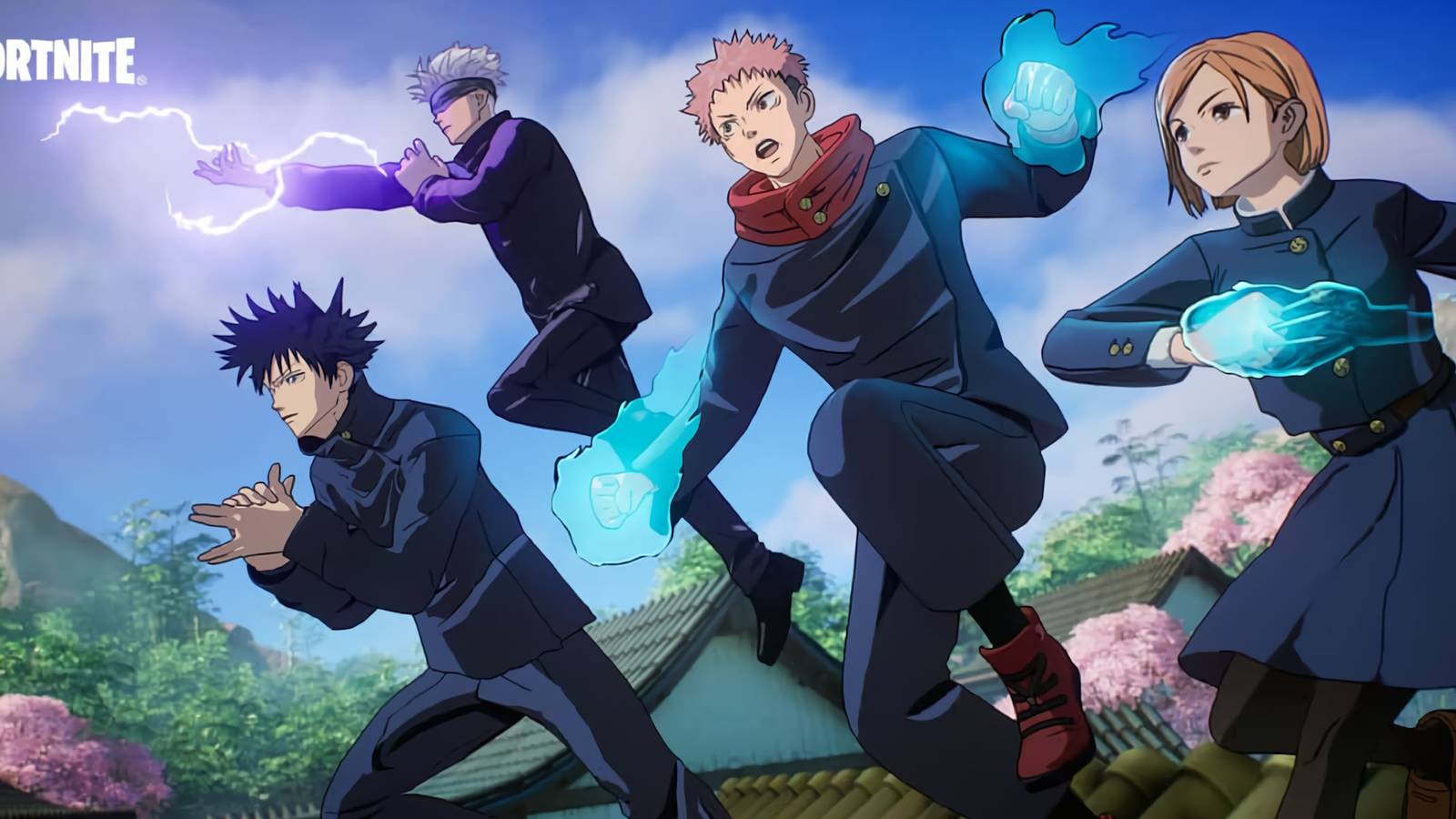 A promotional visual for Fortnite's first wave of Jujutsu Kaisen skins