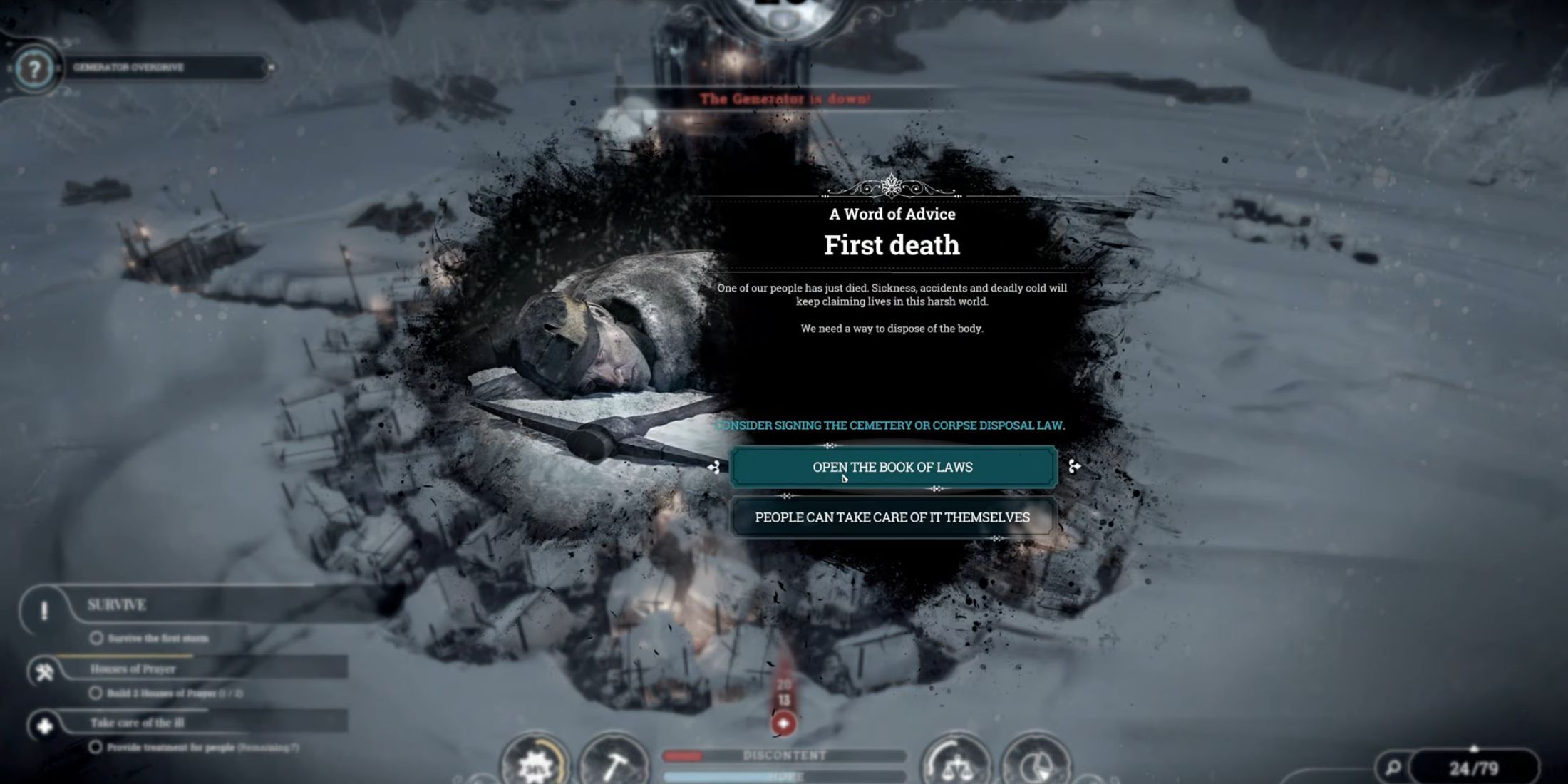 The player making a decision in Frostpunk about one of their subjects death