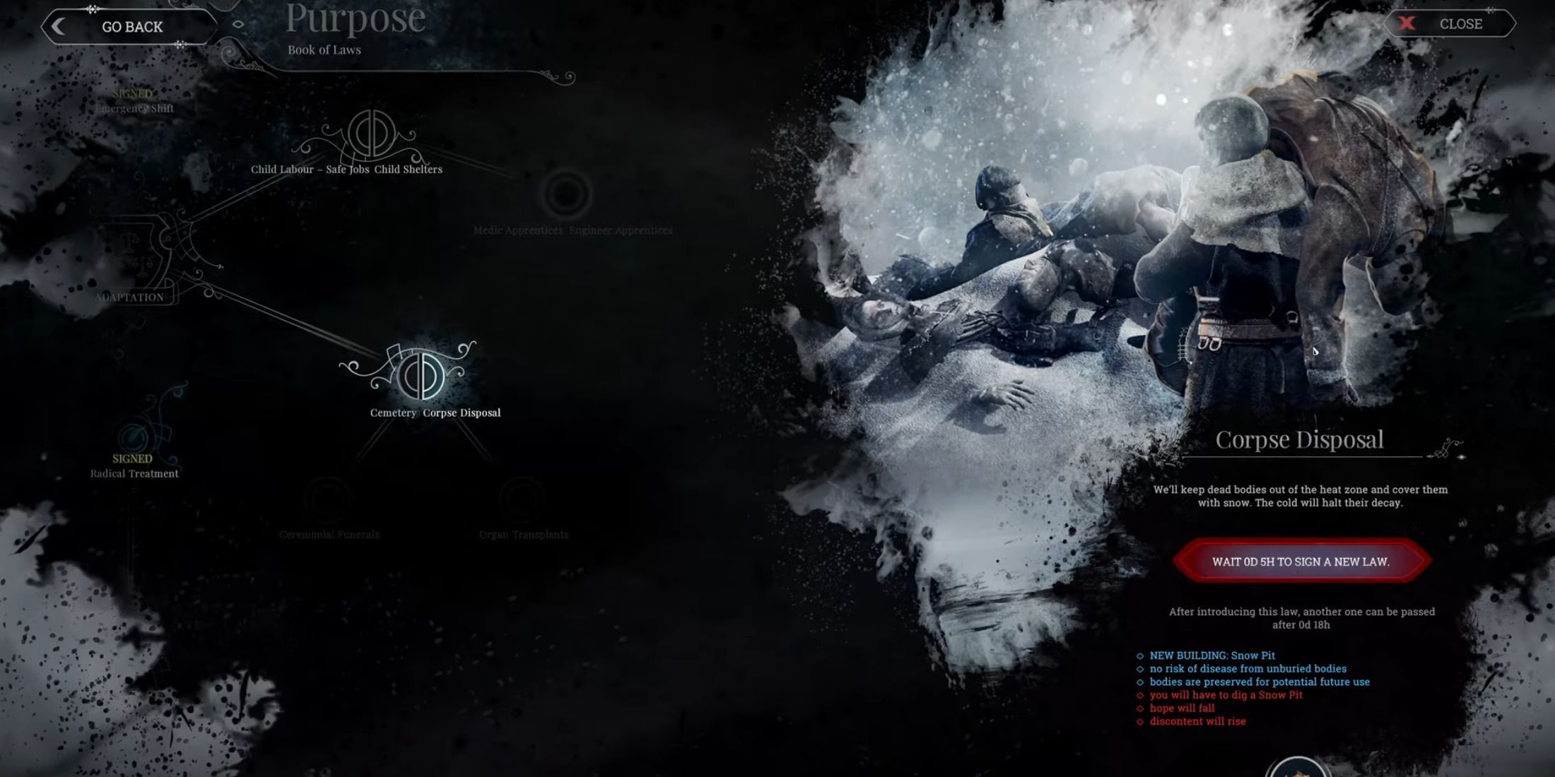 The law making screen in Frostpunk where players can introduce different laws