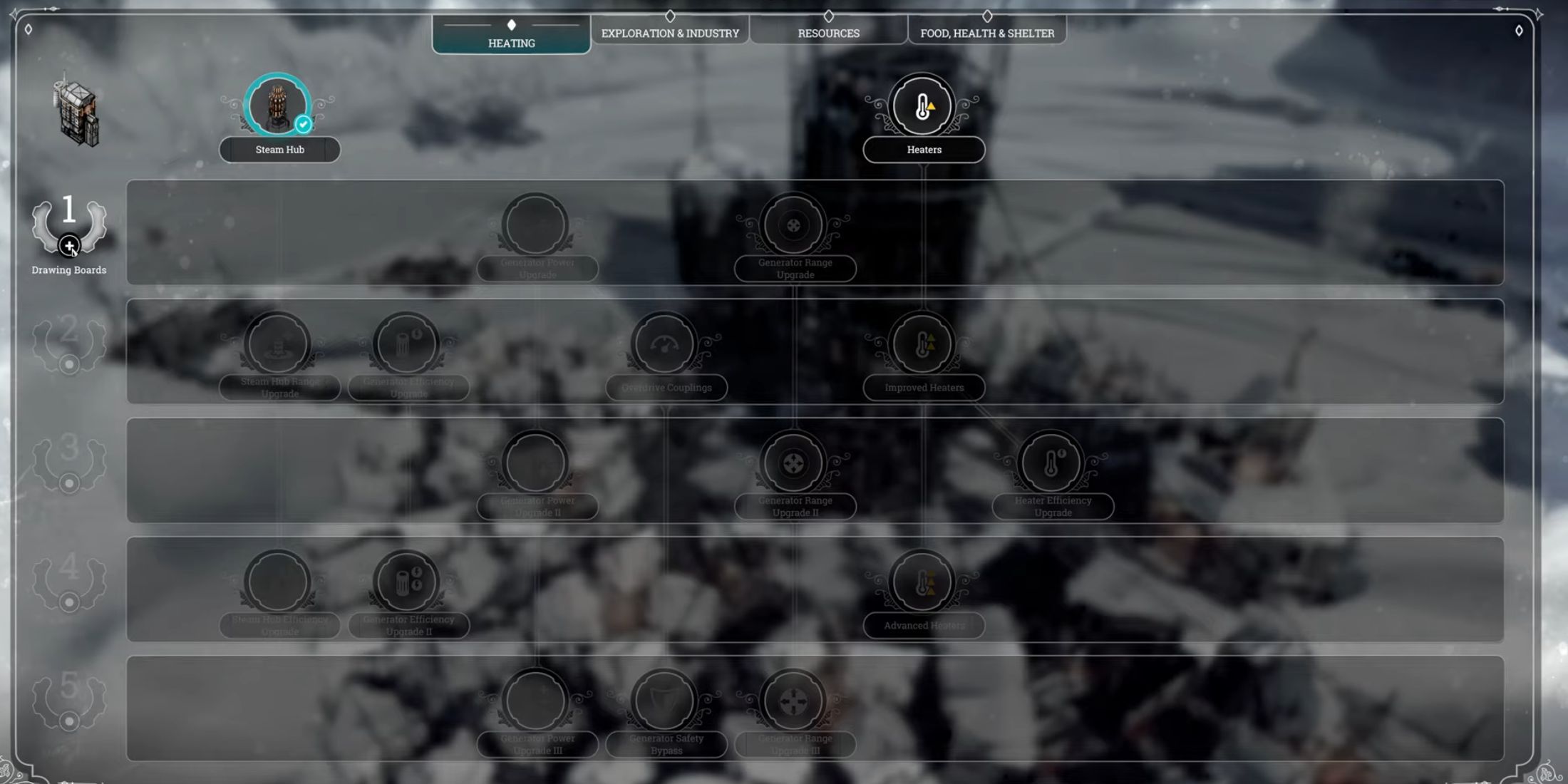 The Technology Tree in Frostpunk where players can research upgrades