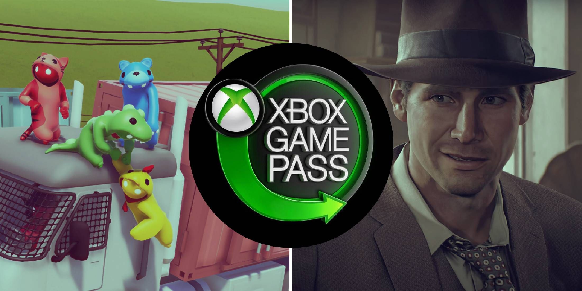 Gang Beasts cover image split with close up of Indiana Jones from the Great Circle with Xbox Game Pass logo set in center