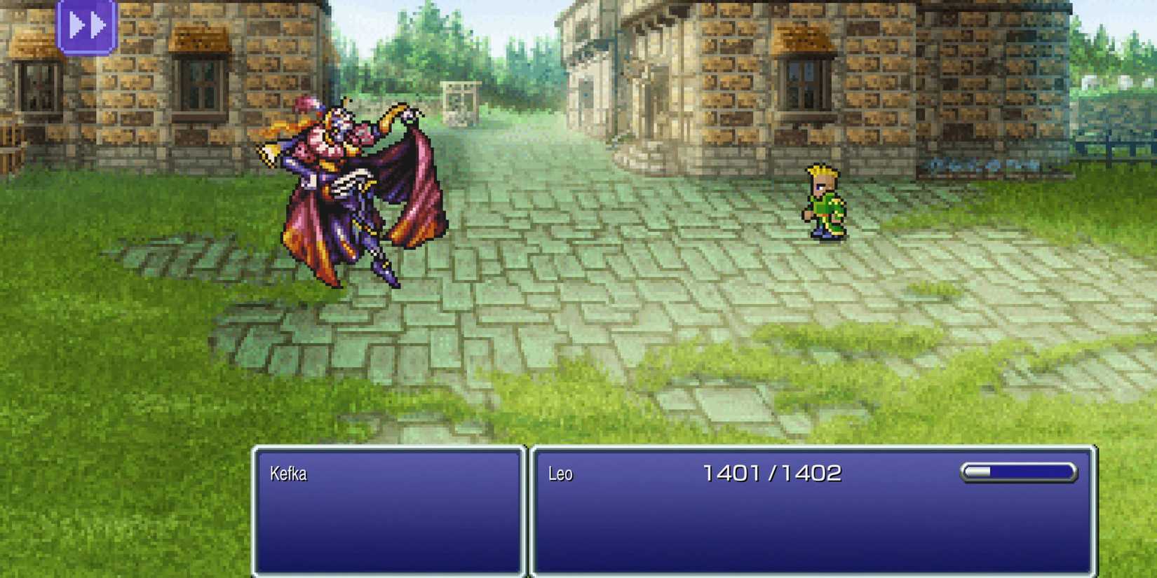 General Leo faces Kefka in battle, proving his strength and honor in Final Fantasy VI Pixel Remaster