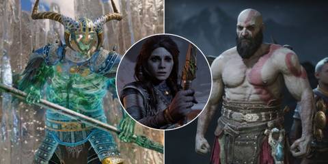 A collage of three God of War Ragnarok characters: A Berserker Boss, Freya and Kratos in his Spartan Warrior Armor Set.