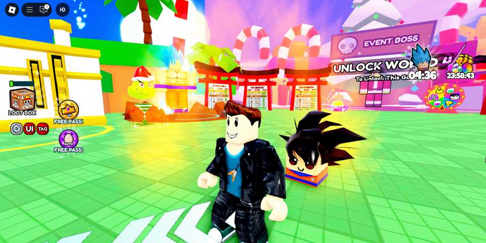A Roblox player gets followed by his Goku-like pet in Anime Combats Simulator.