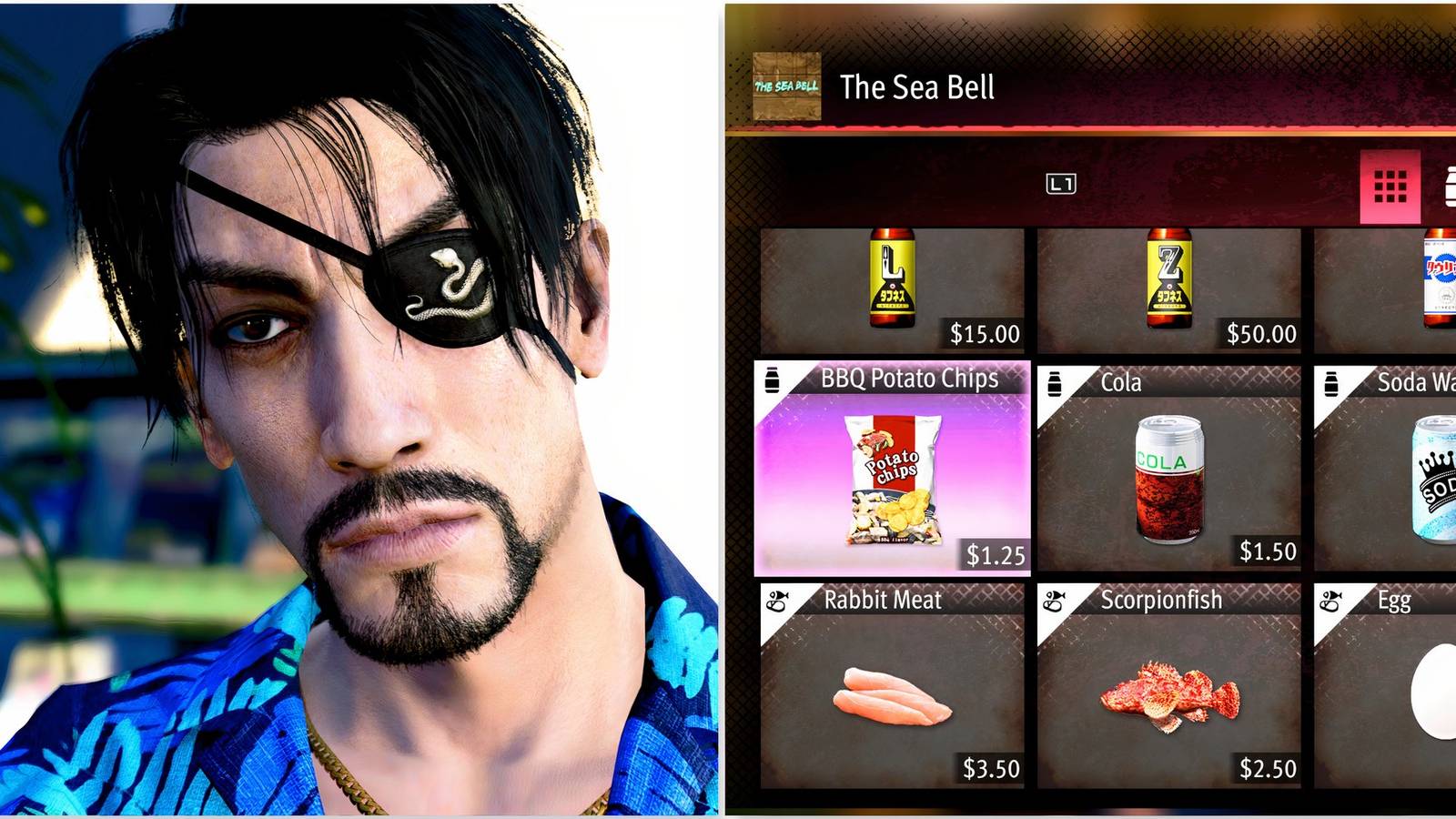Goro and a store menu in Like a Dragon Pirate Yakuza in Hawaii