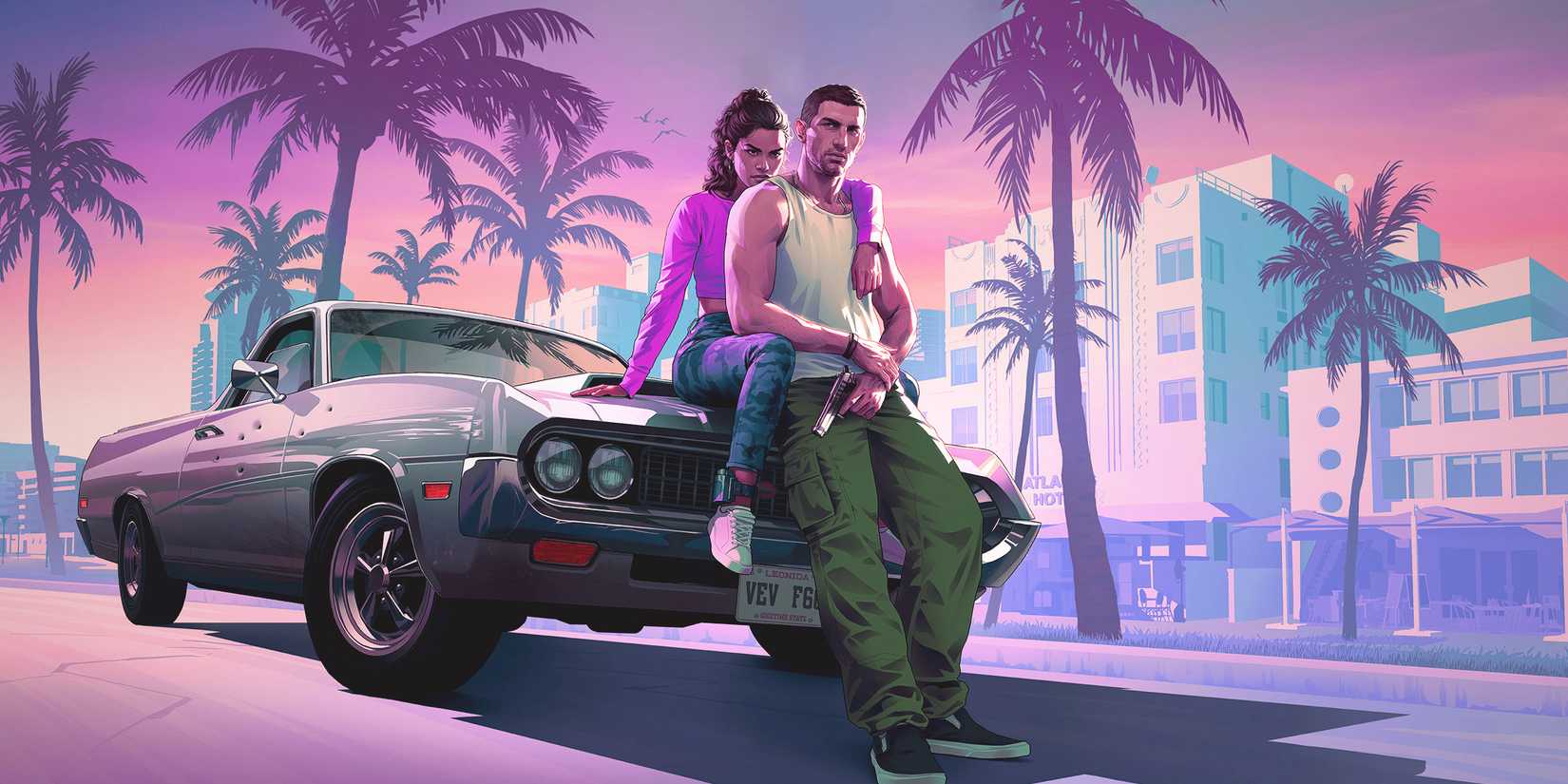 Grand Theft Auto 6 first concept artwork Lucia Jason on car hood purple hue edit 2x1 crop GTA 6