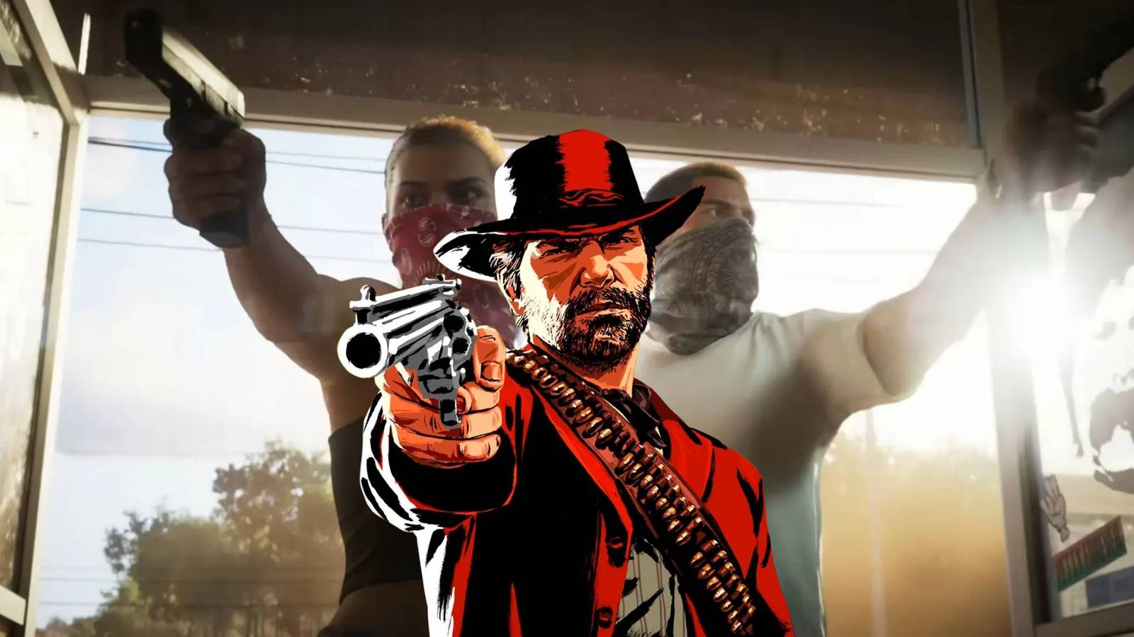 Arthur Morgan from Red Dead Redemption 2 holding a gun alongside Grand Theft Auto 6's protagonists