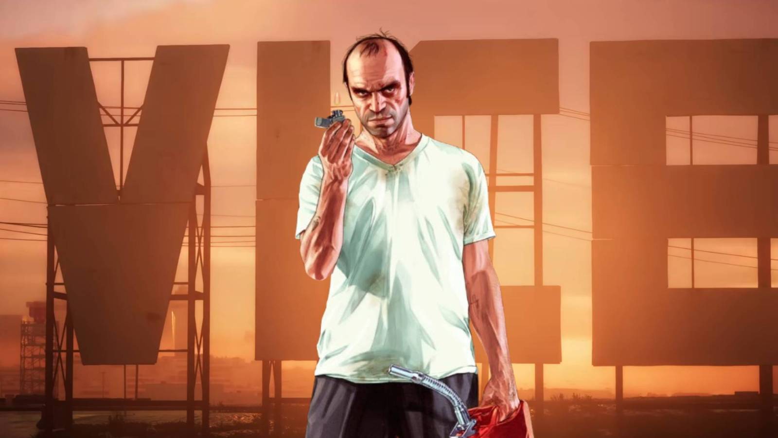 Trevor Philips from Grand Theft Auto 5 in front of the Vice City sign from Grand Theft Auto 6's trailer