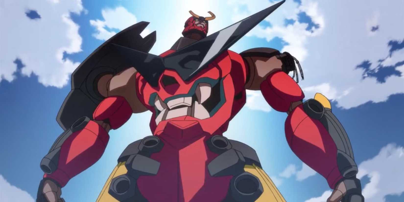 Robot Gurren Lagann berdiri di langit biru, menampilkan aksi di anime lebih baik Fire Force.