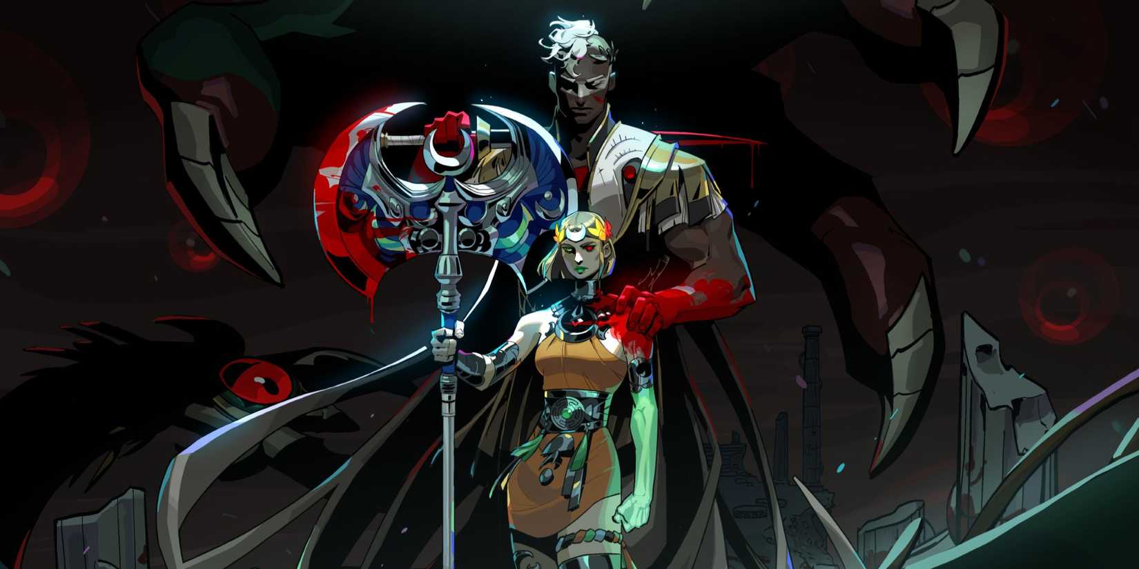 hades 2 melinoe holding axe while ares stands behind her