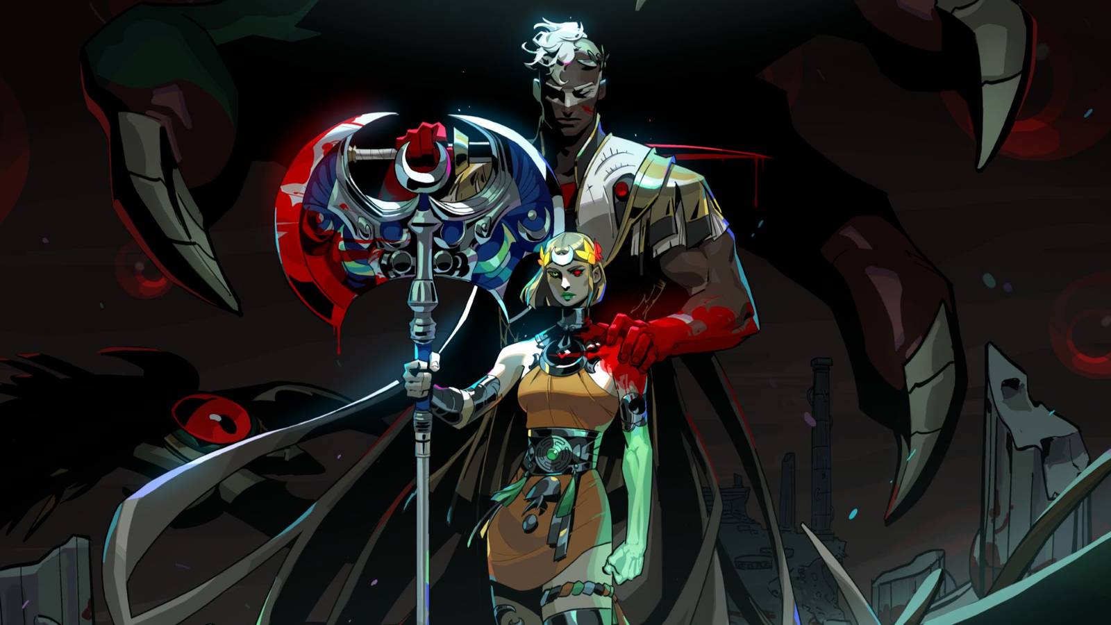 hades 2 melinoe holding axe while ares stands behind her