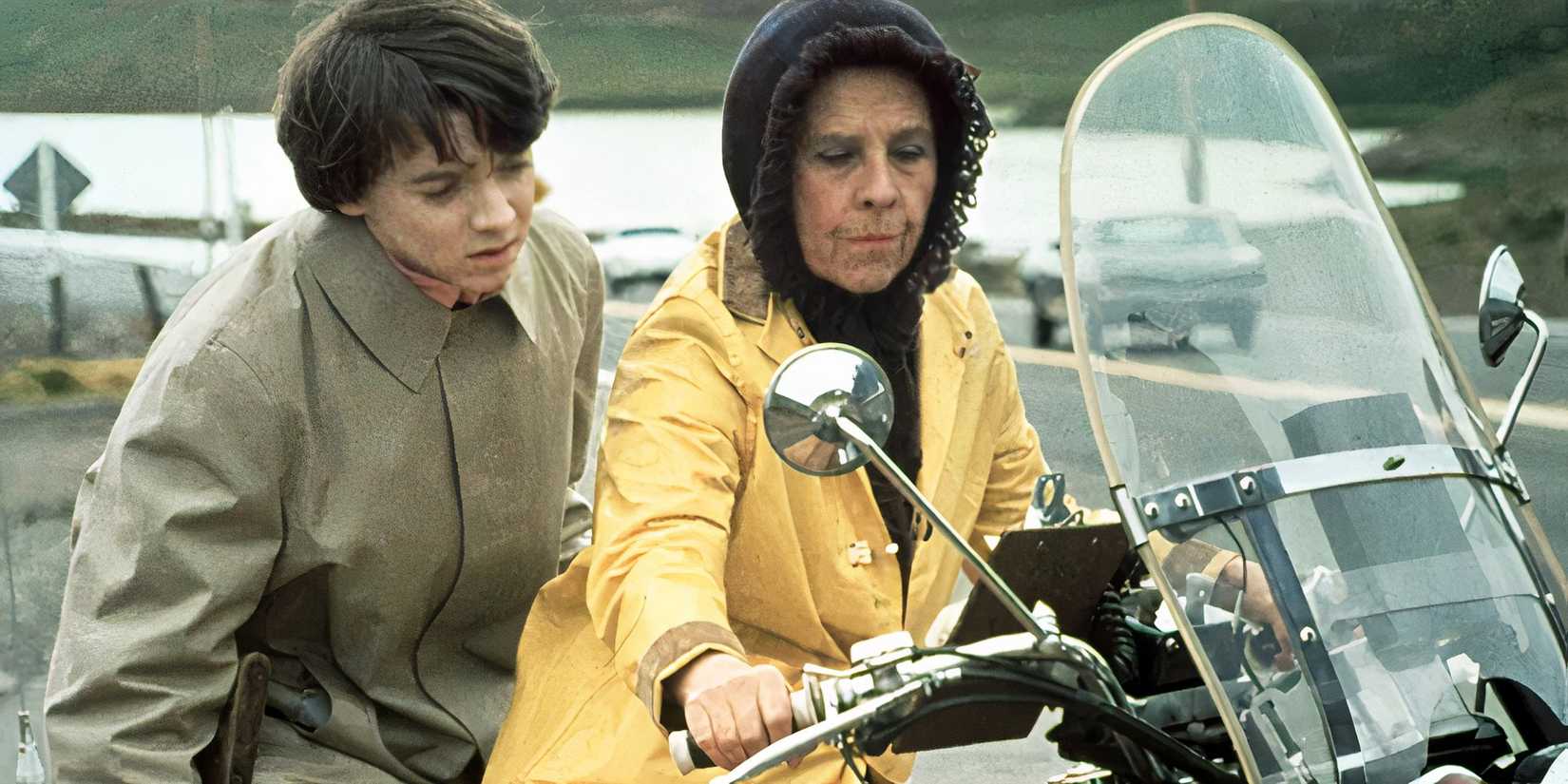 Harold and Maude on a bike in Harold and Maude