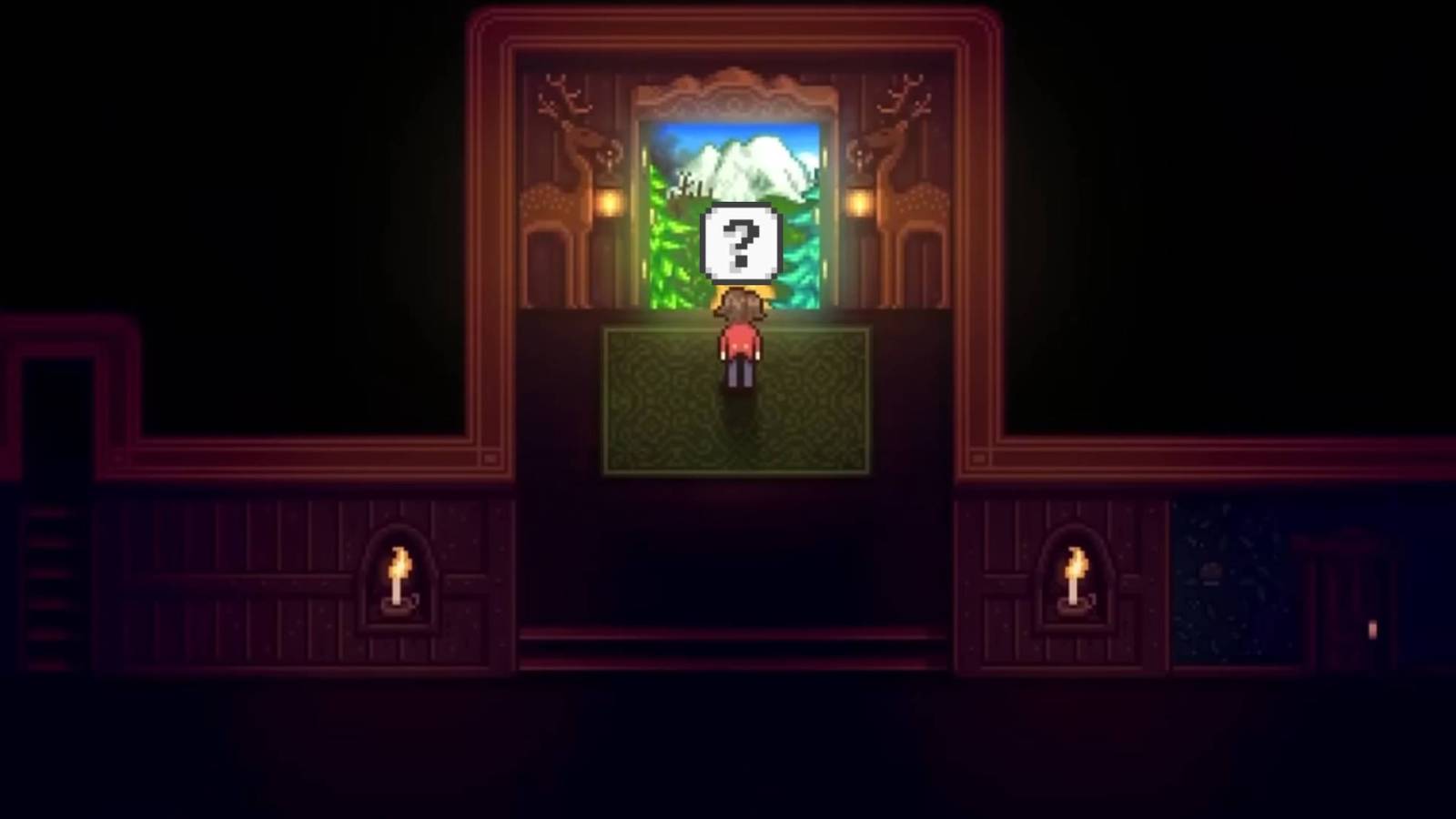Haunted Chocolatier character staring at a doorway with a question mark emote