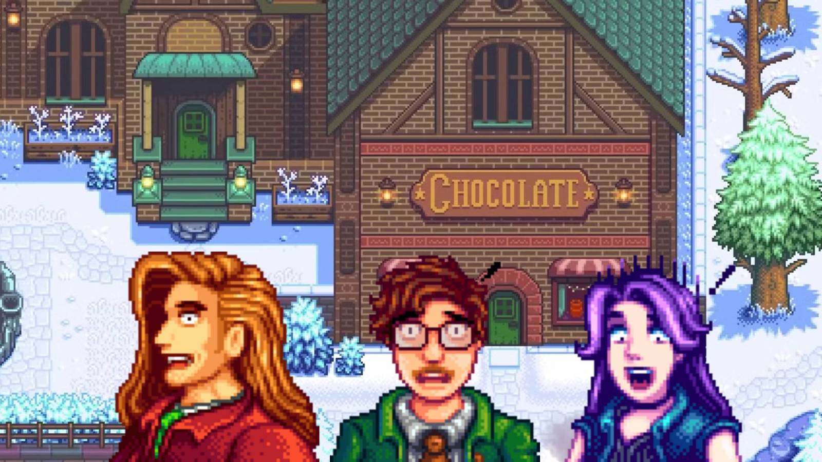Elliot, Harvey, and Abigail from Stardew Valley looking shocked in front of the chocolate shop from Haunted Chocolatier