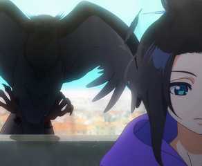 A hawk swoops in behind Natsuko in Zenshu.