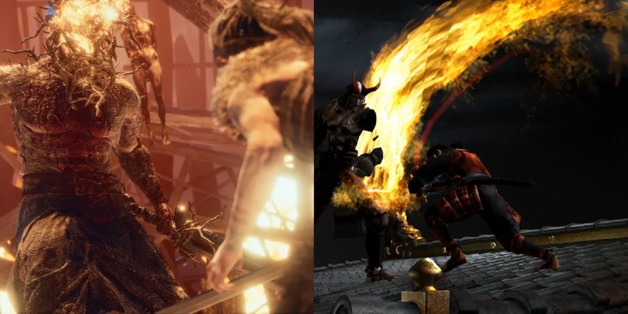 Hellblade Senua's Sacrifice on the Left and Onimusha Warlords split image