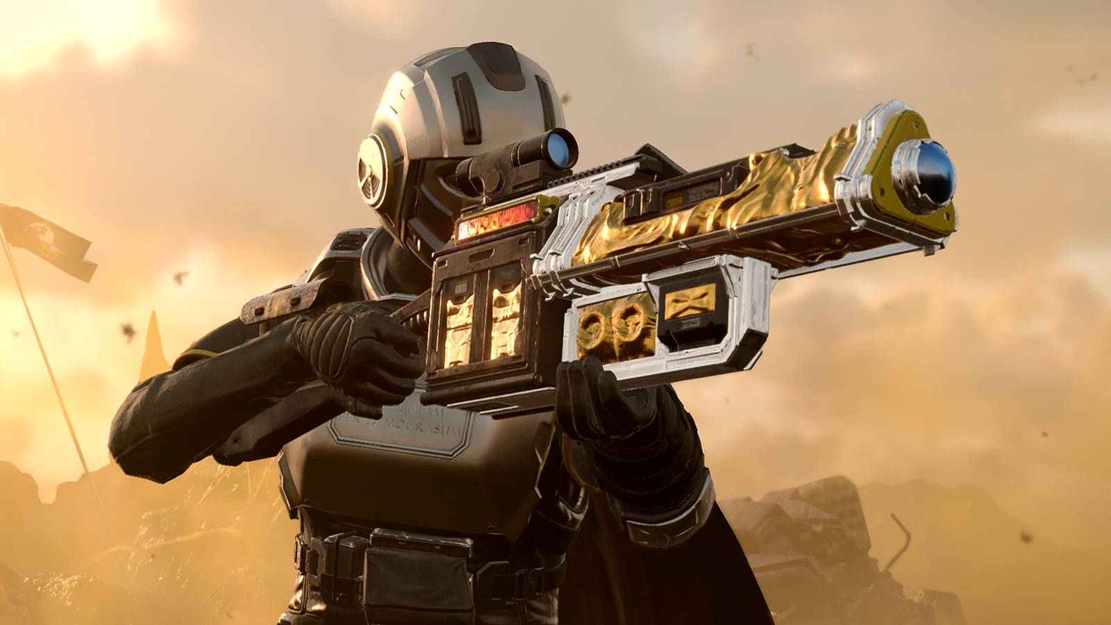 Helldivers 2 golden rifle gun in desert close-up