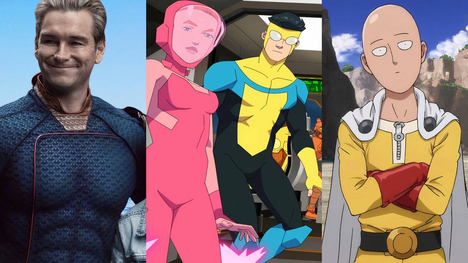 Homelander looking happy in The Boys, Atom Eve and Mark Grayson in Invincible, and Saitama in One Punch Man