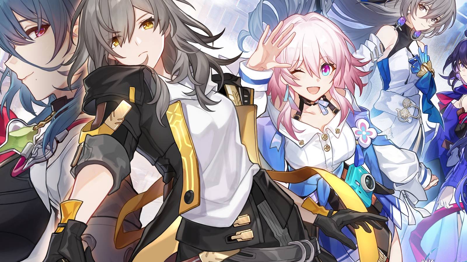 A key visual for Honkai: Star Rail showing the Trailblazer and March 7th, alongside Natasha, Seele, and Bronya.