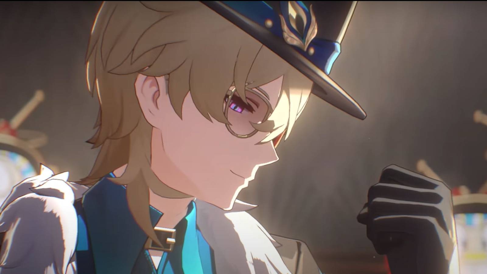 honkai star rail's aventurine wearing a hat holding a coin in his hand