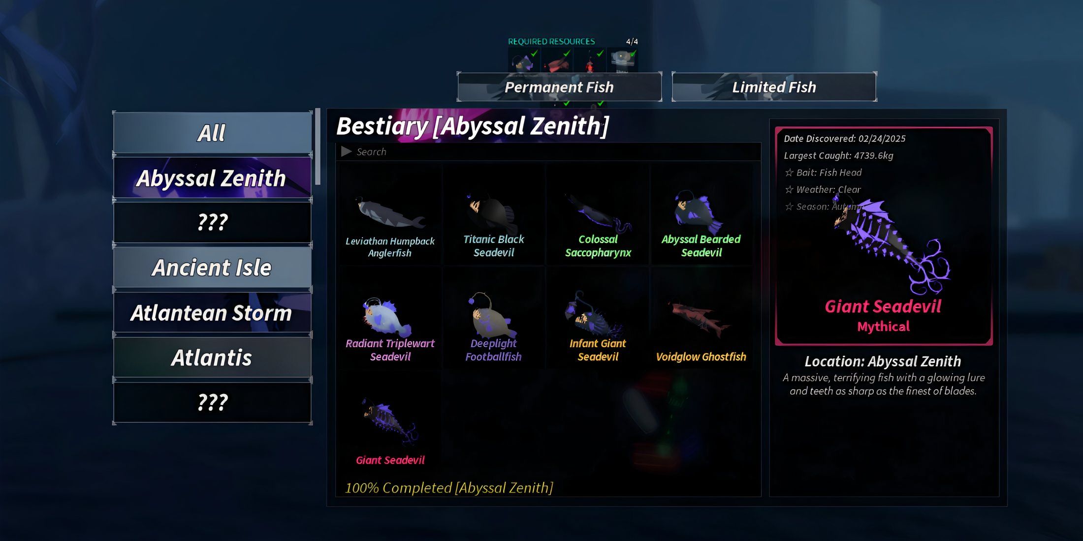 how to complete abyssal zenith bestiary in fisch