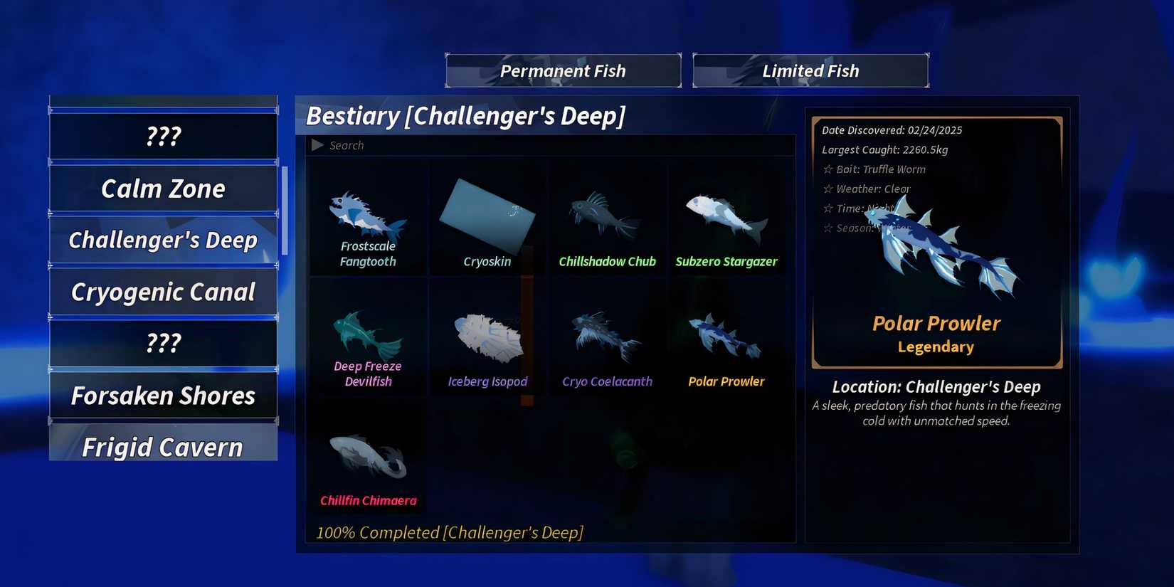 how to complete challenger's deep bestiary in fisch 