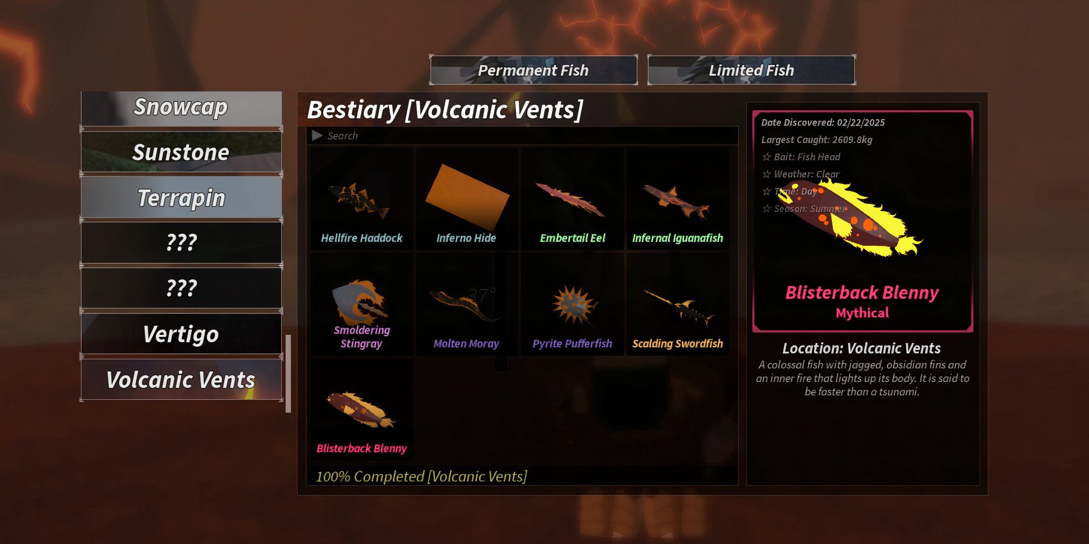 how to complete the volcanic vents bestiary in fisch