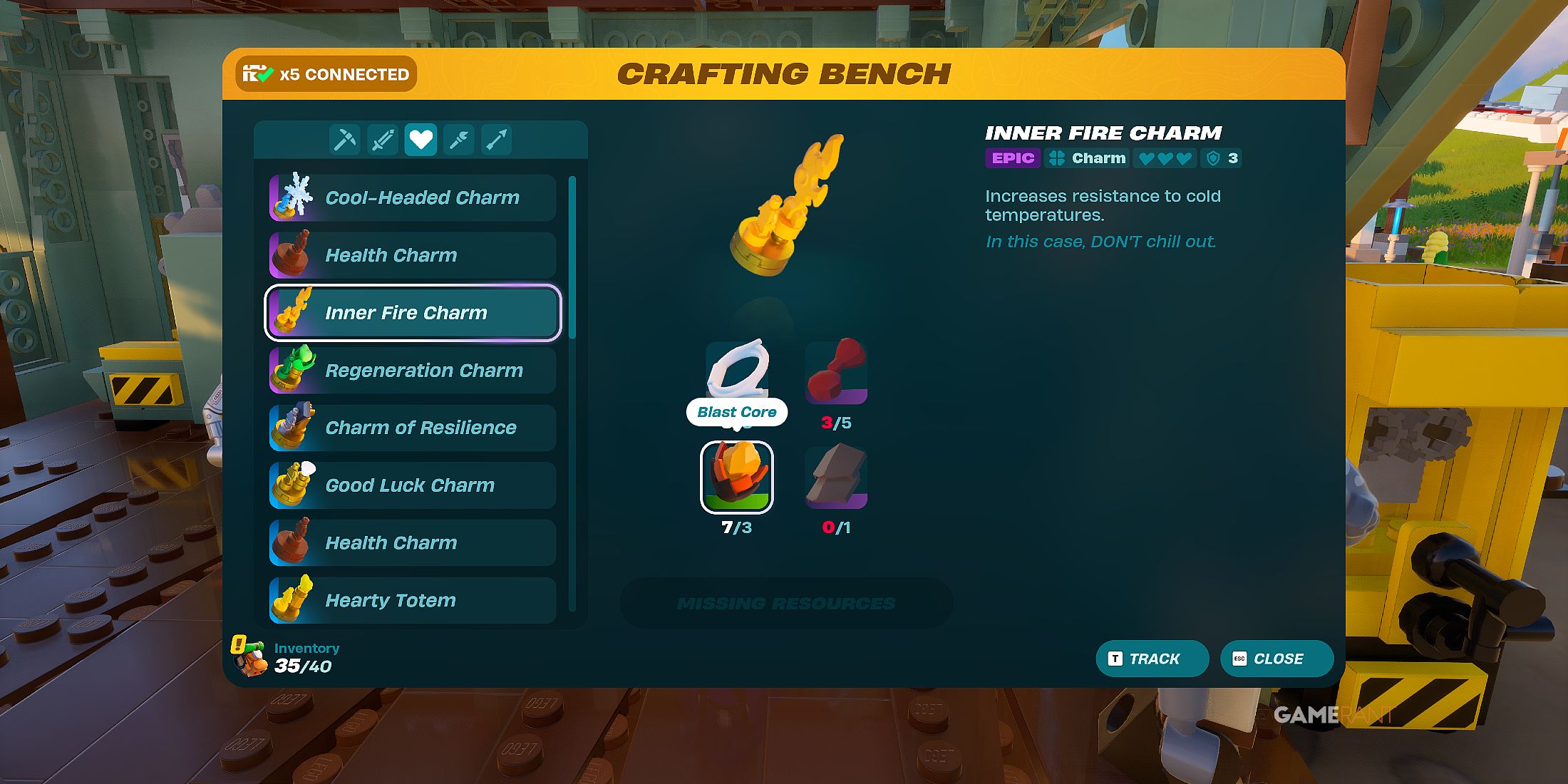 how to craft an Epic Inner Fire Charm in LEGO Fortnite Odyssey 