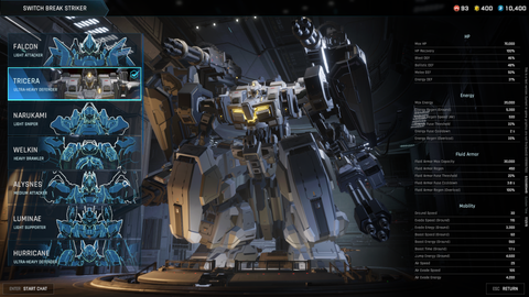 Tricera stat screen in Mecha Break